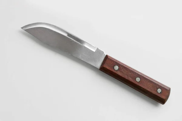 Przybory Kuchenne Szeroki Nóż Mięsa Drewnianą Rączką Jasnym Tle Narzędzia — Zdjęcie stockowe