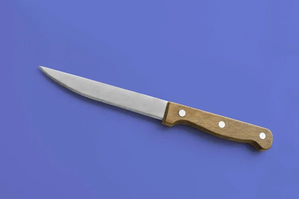 Kitchen Accessories Medium Utility Knife Wooden Handle Blue Background Cooking — Stock Photo, Image