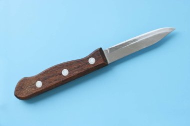 Mutfak gereçleri. Mavi arka planda sebzeler için ahşap saplı küçük bir bıçak. Yemek pişirme araçları.