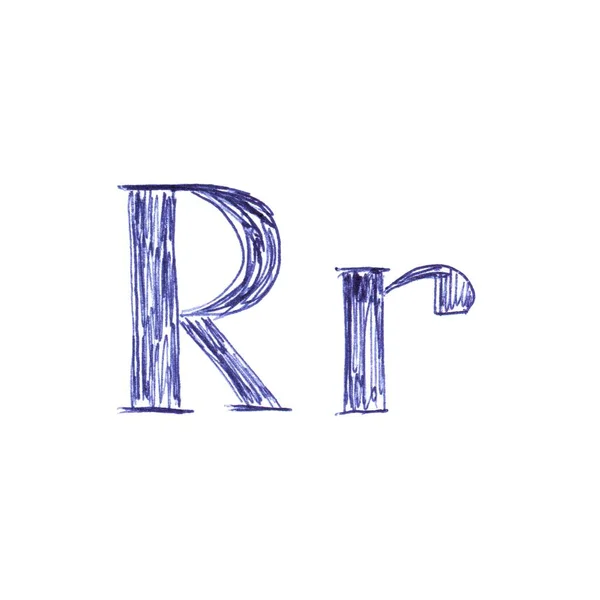字母Rr 用蓝色圆珠笔手绘的字母 一个独特的字体 — 图库照片