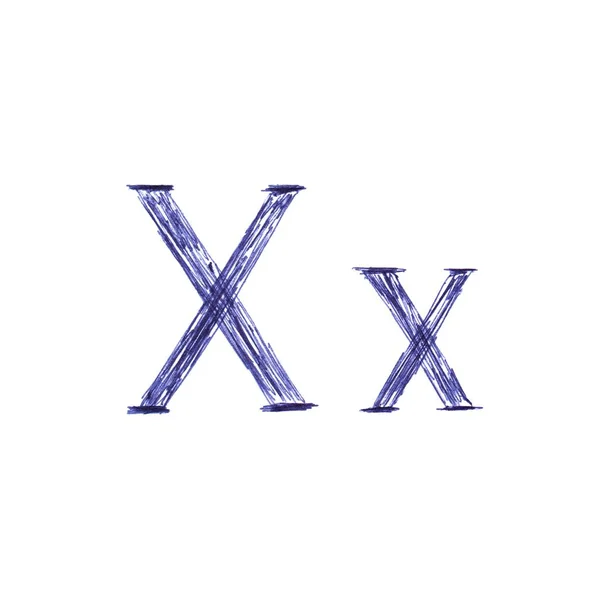 用蓝色圆珠笔手绘的字母表的Xx字母 一个独特的字体 — 图库照片
