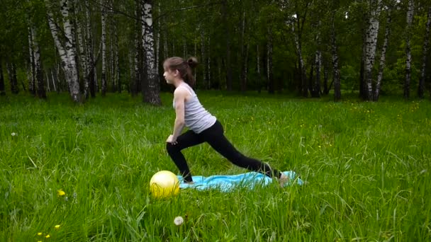 Young beautiful teenager girl practicing fitness exercising outdoors, in park in summer day. HD shooting static camera. — Stock Video