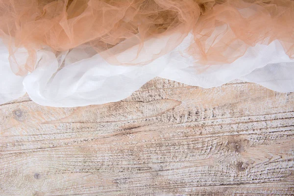 Laço Malha Tecido Leve Mesa Madeira Texturizada Textura Tecido Fundo — Fotografia de Stock