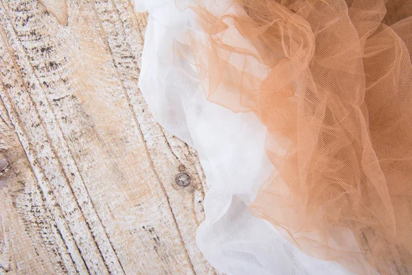 Dentelle Légère Maille Tissu Sur Une Table Bois Texturée Texture — Photo