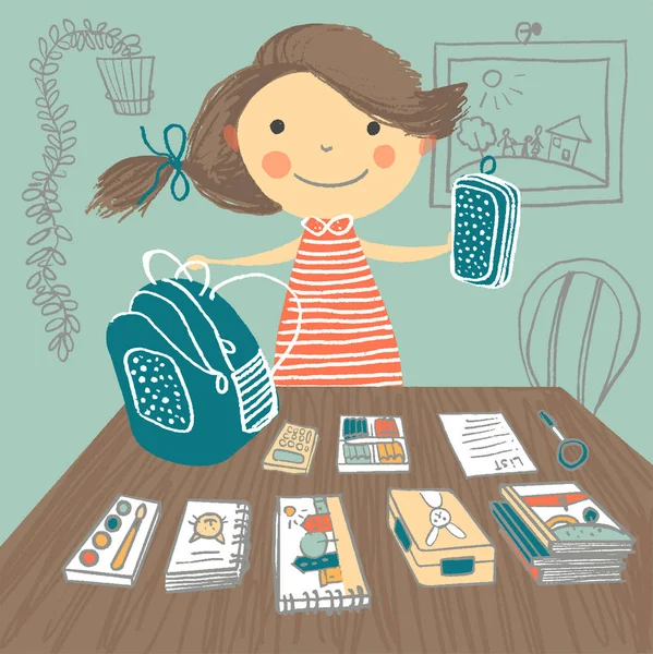Girl Collects Backpack School Vector Hand Drawn Style Illustration — Stok Vektör