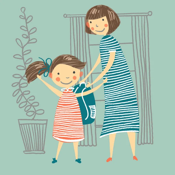 Annem kızının okula hazırlanmasına yardım ediyor. Vektör el çizimi stili illüstrasyon.