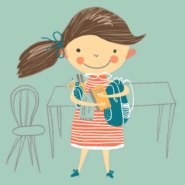 Okula Geri Dön Küçük Kız Elinde Okul Malzemeleri Tutuyor Vektör — Stok Vektör
