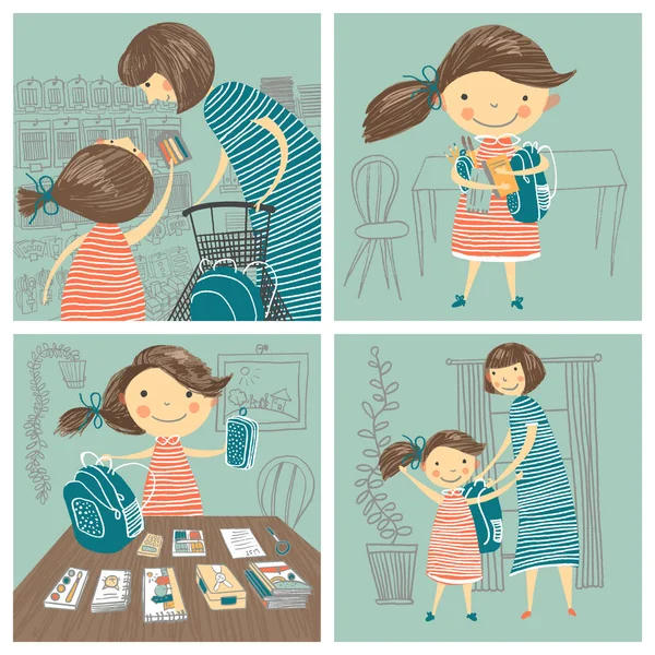 Okula geri dön. Anne ve kızı okul malzemeleri satın alma ve okul sırt çantası toplama. Okula toplama işlemini gösteren elle çizilmiş stil vektör çizimleri serisi.