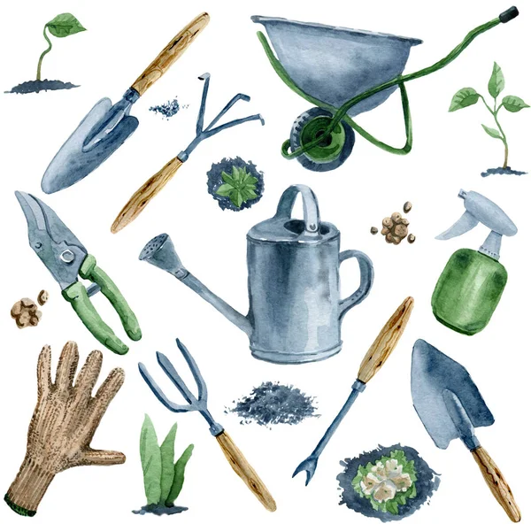Bahçe aletleri. Suluboya el yapımı illüstrasyon