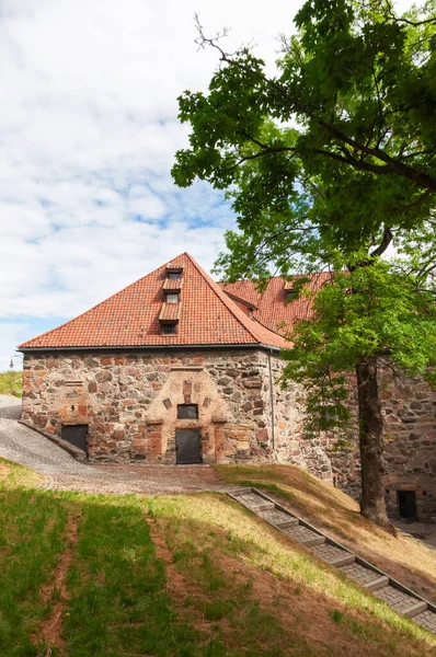 Çimleri, merdivenleri ve ağacı olan antik bir şatonun ayrıntıları
