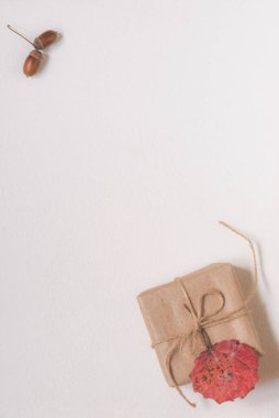 Sonbahar hediyesi kompozisyonu. İki meşe palamudu ve beyaz arka planda kırmızı bir sonbahar yaprağı ile süslenmiş sicimle el işi bir kağıda sarılmış bir hediye..