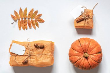 Sonbahar tatilleri için beste - Cadılar Bayramı ya da Şükran Günü. Turuncu kağıda sarılmış, sicimle bağlanmış ve doğal malzemelerle süslenmiş iki hediye: meşe palamudu ve tarçın çubuğu, bir balkabağı ve bir Rowan yaprağının yanında duruyor..