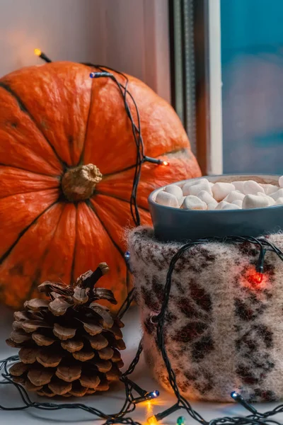 Natura Morta Autunno Accogliente Con Zucca Cioccolata Calda Pigna Ghirlanda — Foto Stock