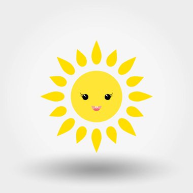 Kawaii güneş. Web ve mobil uygulama için simge. Tasarım tebrik kartı, davet, afiş veya logolar için kullanılabilir. Beyaz bir arka plan üzerinde vektör çizim. Düz tasarım stili.
