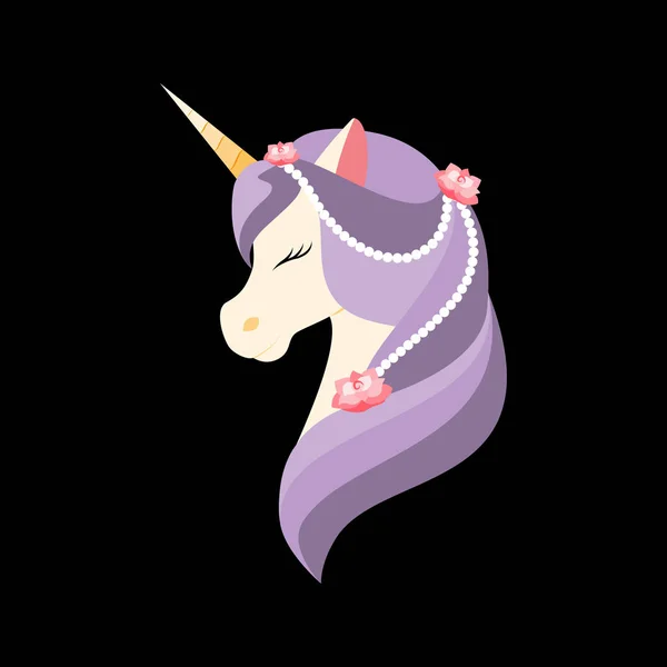 Unicornio Con Ojos Cerrados Perlas Flores Melena Púrpura Icono Para — Vector de stock