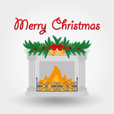 Noel süslemeleri ile şömine. Beyaz bir arka plan üzerinde vektör çizim. Tasarım tebrik kartı, davet veya afiş için kullanılabilir. Tüm öğeleri simgeler mobil uygulamalar veya logolar için kullanılabilir. Düz tasarım stili