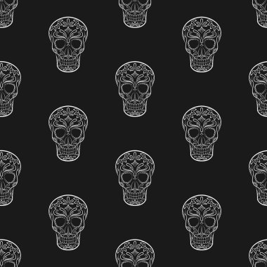 Kafatası. Dia de los muertos. Vektör çizim siyah arka plan üzerine. Seamless modeli. Düz tasarım stili. Renk örneği içinde