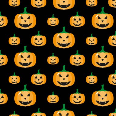 Balkabağı. Cadılar Bayramı. Vektör çizim siyah arka plan üzerine. Seamless modeli. Düz tasarım stili. Renk örneği içinde