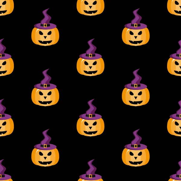 Kürbis Mit Hexenhut Halloween Vektor Illustration Auf Schwarzem Hintergrund Nahtloses — Stockvektor