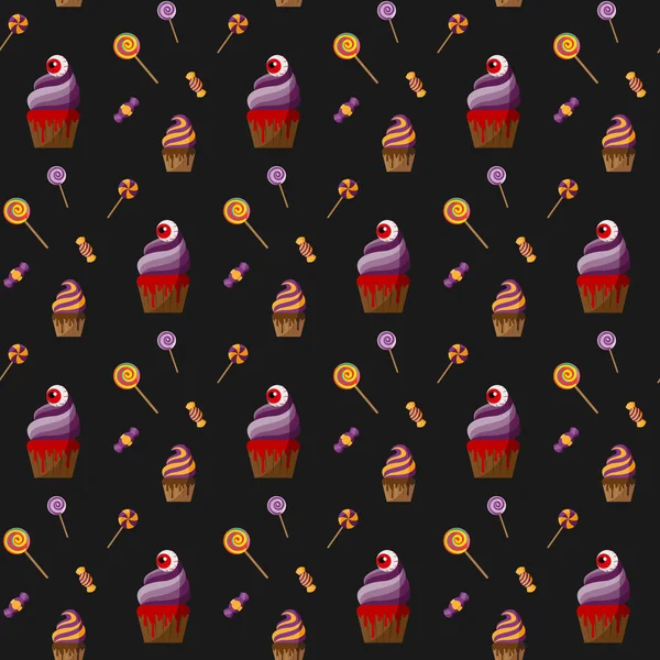 Gruselige Cupcake Halloween Vektor Illustration Auf Schwarzem Hintergrund Nahtloses Muster — Stockvektor