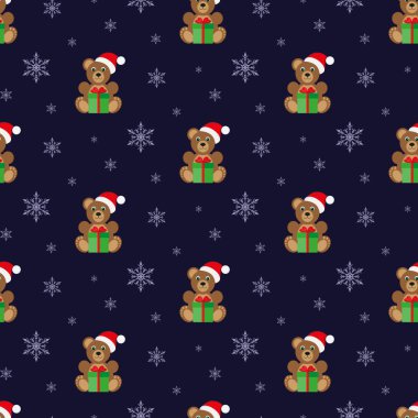 Bir hediye ile ayıcık. Kar yağışı. Mavi bir arka plan üzerinde sorunsuz vektör çizim. Düz tasarım stili. Renk örneği içinde