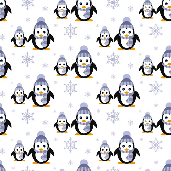 Πιγκουίνοι Ένα Πλεκτό Καπέλο Χιονόπτωση Απρόσκοπτη Διανυσματικά Εικονογράφηση Λευκό Φόντο — Διανυσματικό Αρχείο
