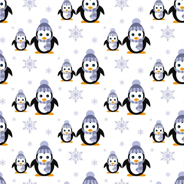 Penguenler örme şapka içinde. Kar yağışı. Beyaz bir arka planda kesintisiz vektör çizim. Düz tasarım stili. Renk örneği içinde