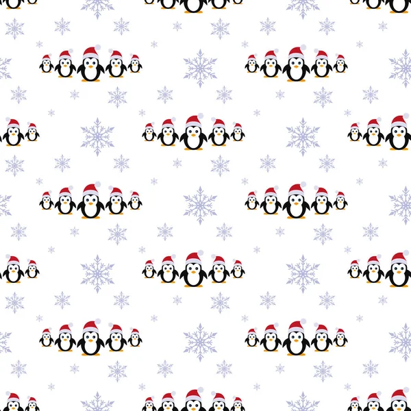 Penguins Santa Hats Snowfall Seamless Vector Illustration White Background Flat — Stock Vector