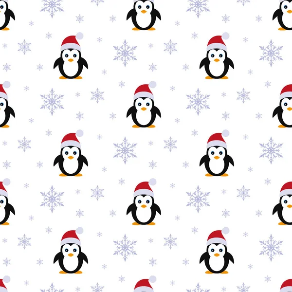 Πιγκουίνος Καπέλα Santa Χιονόπτωση Απρόσκοπτη Διανυσματικά Εικονογράφηση Λευκό Φόντο Επίπεδη — Διανυσματικό Αρχείο