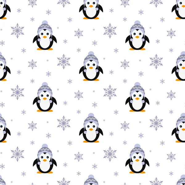 Πιγκουίνος Ένα Πλεκτό Καπέλο Χιονόπτωση Απρόσκοπτη Διανυσματικά Εικονογράφηση Λευκό Φόντο — Διανυσματικό Αρχείο