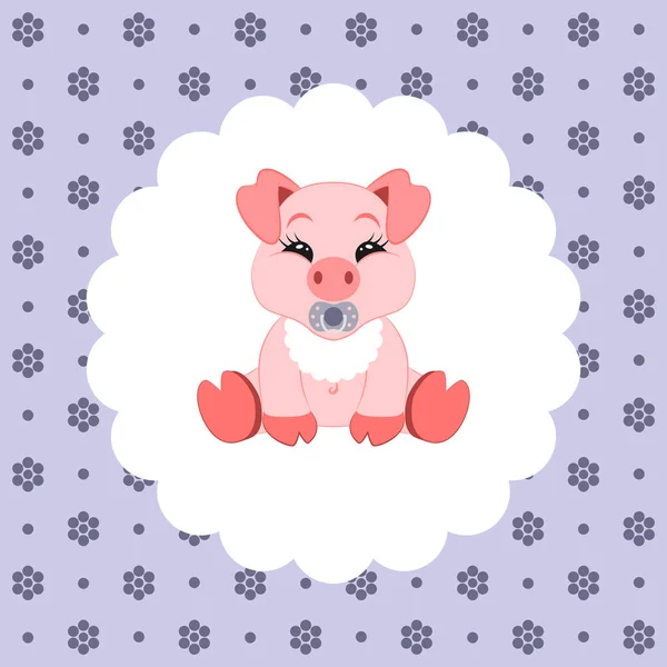 Cute Baby Pig Bib Nipple Flat Vector Illustration Floral Pattern — Stock Vector