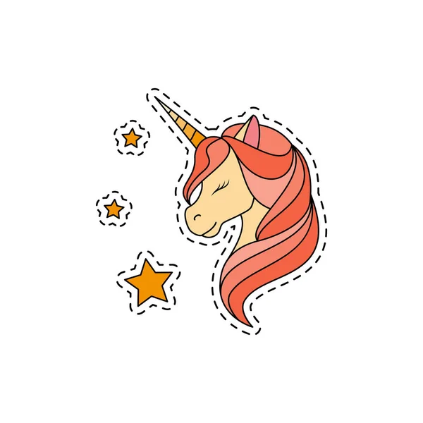 Unicornio Con Los Ojos Cerrados Melena Rosada Pegatina Pin Parche — Vector de stock