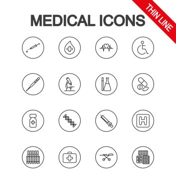 Tıbbi Icons set. Web ve mobil uygulama için evrensel simgeleri. Beyaz bir arka plan üzerinde vektör çizim. Düzenlenebilir ince çizgi.