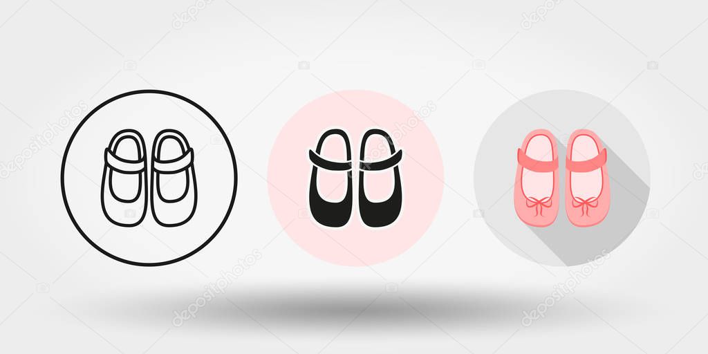 Baby shoes. Set. Three different options icons for web and mobile application. Silhouette. Editable Thin line. Flat design style. Vector illustration on a buttons.
