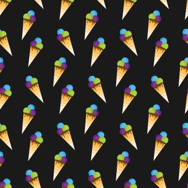 Dondurma. Vektör çizim siyah arka plan üzerine. Seamless modeli. Tasarım tebrik kartı, davet veya afiş için kullanılabilir. Düz tasarım stili. Renk örneği içinde.