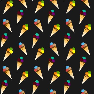 Dondurma. Vektör çizim siyah arka plan üzerine. Seamless modeli. Web tasarım, tasarım tebrik kartı, davet, afiş veya logolar için kullanılabilir. Düz tasarım stili. Renk örneği içinde
