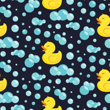 Sabun kabarcıkları lastik ördek. Vektör çizim. Seamless modeli. Web tasarım, tasarım tebrik kartı, davet, afiş veya logolar için kullanılabilir. Düz tasarım stili. Renk örneği içinde