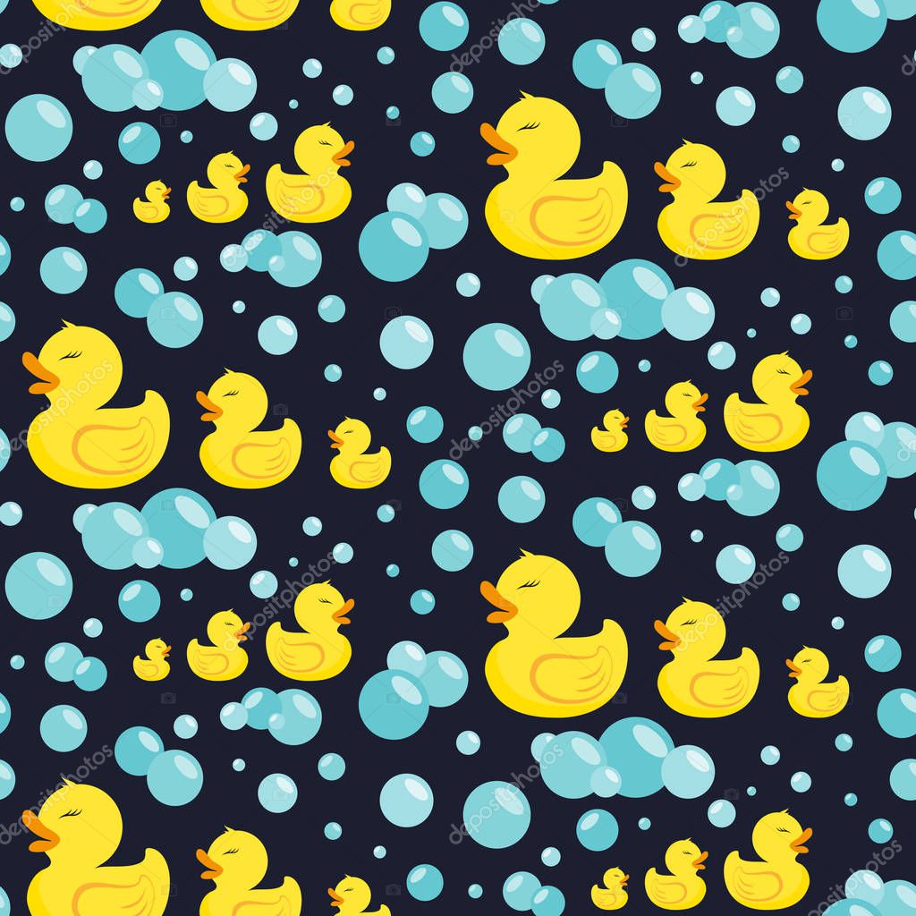 Rubber ducks in soap bubbles. Vector illustration. Seamless pattern. Can be used for web design, design greeting card, invitation, banner or logos. Flat design style. Swatch inside
