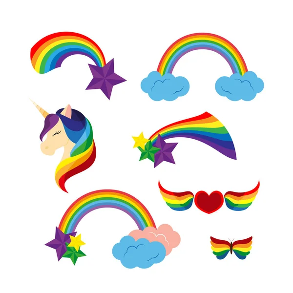 Unicorn ile kapalı gözler gökkuşakları, yıldız. Gökkuşağı renkli kanatlar ile kalp. Kelebek. Düz tasarım stili. Beyaz arka plan üzerinde izole vektör çizim.