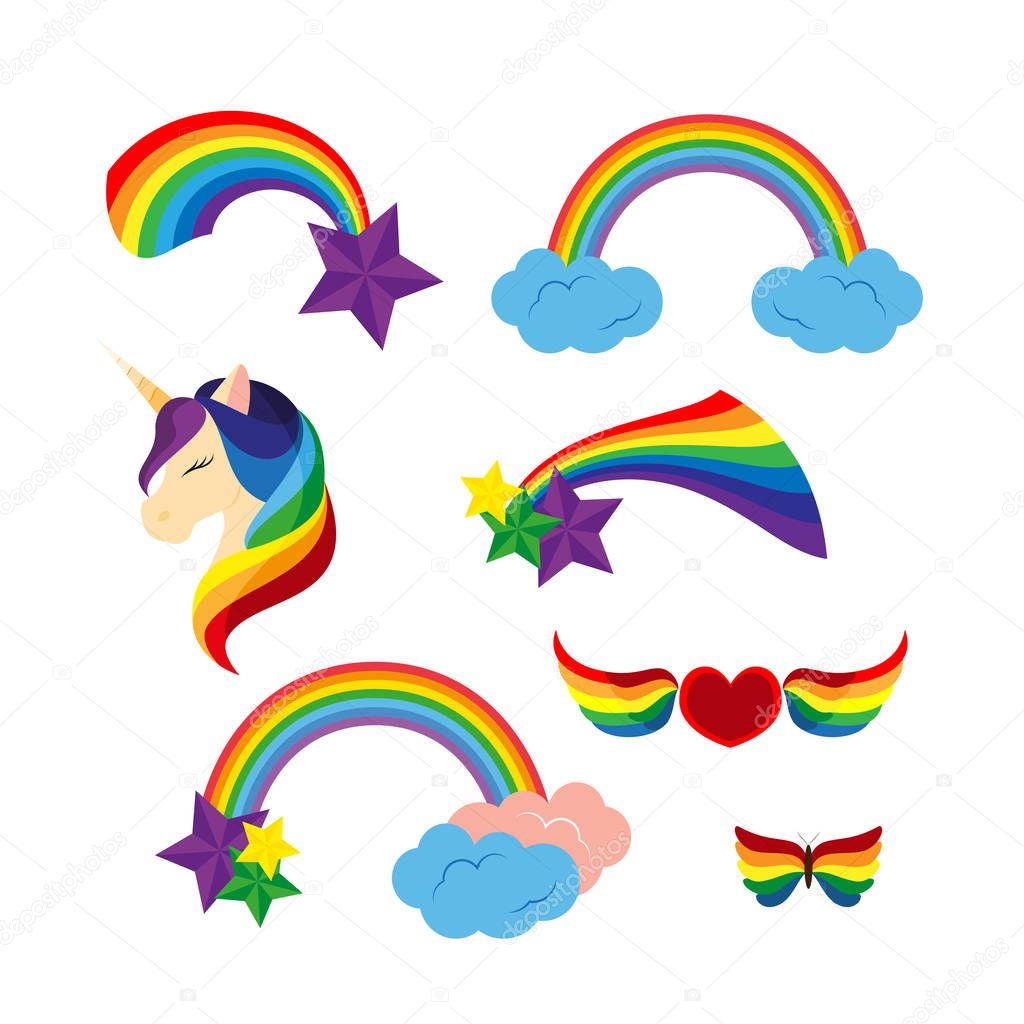 Unicorn with closed eyes rainbows, stars. Heart with rainbow colored wings. Butterfly. Flat design style. Vector illustration isolated on white background.