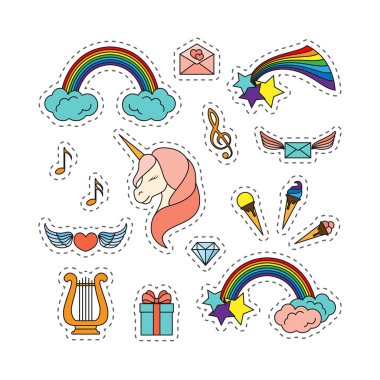 Kapalı gözler, ARP, müzik notları, tatlılar ve diğer moda yama rozetleri ile Unicorn.