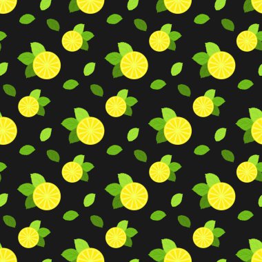 Narenciye ile dikişsiz desen. Siyah arka planda limon ve nane.