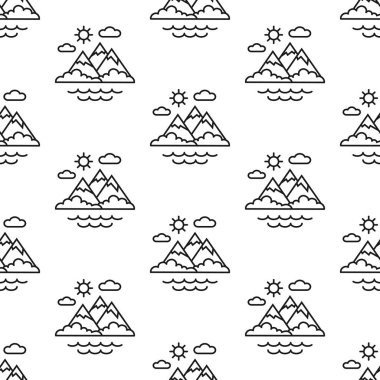 Dağlar, güneş, bulutlar. Desen. Dikişsiz vektör illüstrasyonu. Satır. Düz.