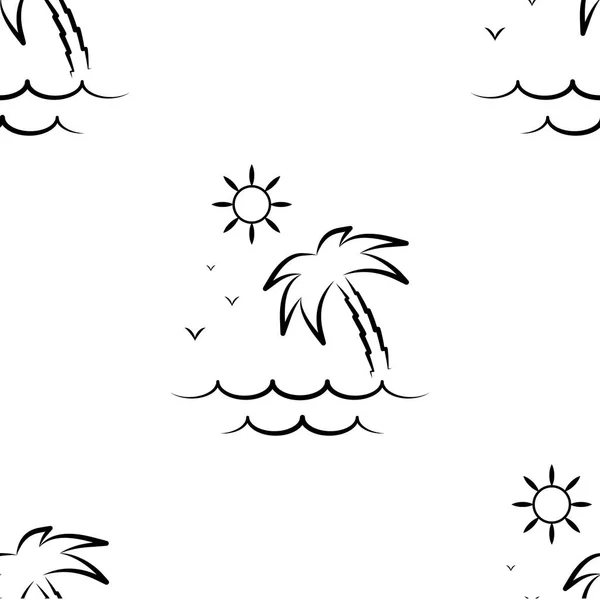 Palmera, sol y mar. Patrón. Ilustración de vectores sin fisuras. Línea de Arte. Plano . — Vector de stock