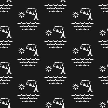 Yunus, okyanus, deniz, güneş. Desen. Dikişsiz vektör illüstrasyonu. Satır. Düz.