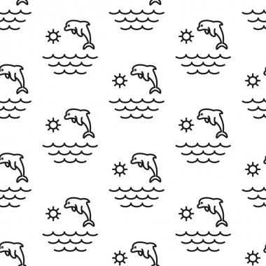 Yunus, okyanus, deniz, güneş. Desen. Dikişsiz vektör illüstrasyonu. Satır. Düz.