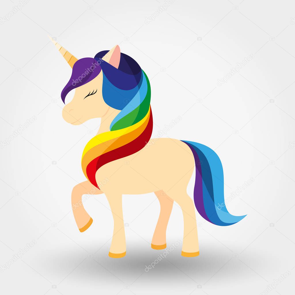Unicorn. Rainbow mane. Vector illustration on a white background. Can be used for design greeting card, invitation or banner or icons for mobile applications or logos. Flat design style