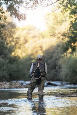 Sinek balıkçı güzel nehirde flyfishing çubuk kullanarak