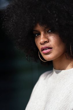 Duvarın üzerinden çekici afro kadın portresi. Saç stili kavramı
