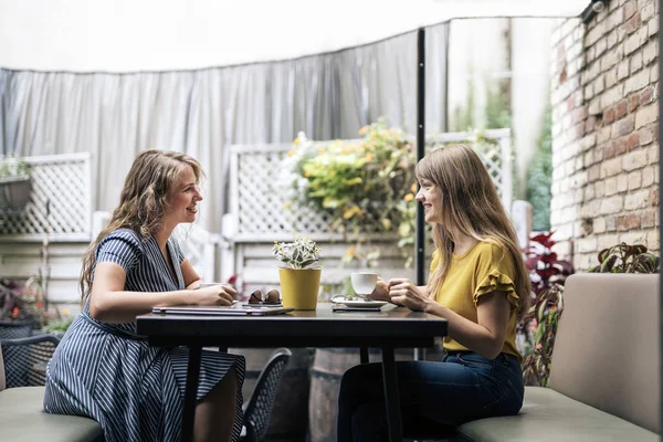 Elegantes Mujeres Jóvenes Teniendo Una Reunión Amistosa Con Tazas Café — Foto de Stock